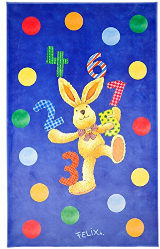 Felix der Hase Kinderteppich mit Zahlen und bunten Konfettis, Weich und Soft 80x150 cm in Rechteck, Farbe Blau, Öko-Tex zertifiziert, Bildmotiv für Jungen und Mädchen