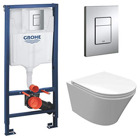 vanvilla Wand Hänge WC Luanda Spülrandlos Tiefspüler Toilette mit Soft-Close WC-Sitz mit Grohe Vorwandelement SET