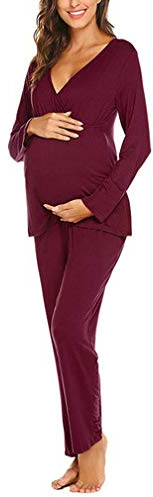 Pigiama Due Pezzi Premaman Donna Pigiami Allattamento Scollo a V Manica Lunga Tops Vita Alta Pantaloni Lunga Autunno e Inverno maternità Abbigliamento