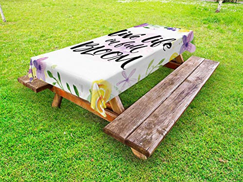 ABAKUHAUS Lebensstil Outdoor-Tischdecke, Floral Veilchen Bloom, dekorative waschbare Picknick-Tischdecke, 145 x 305 cm, Lila und Gelb