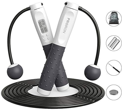 PROIRON Hopprep, digitalt hopprep justerbara vikter / längd trådlöst hopprep med kaloriräknare / larm påminnelse viktat hopprep för fitness, crossfit, träning, boxning, MMA, gym (grå)