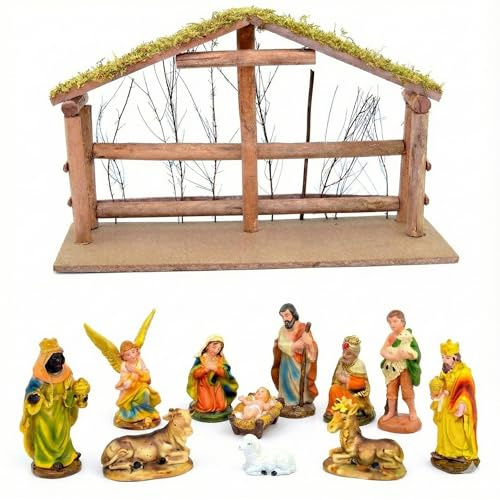 12pcs Nativity Scene Set and Handmade Wooden Stable Large - Christmas Crib Manger Jesus Birth Hand Painted Resin Figurine Sculpture, Traditional Xmas Home Decorations