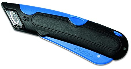 Veltec Self-Retracting Blade Safety Cutter, Left and Right Edge Guide, 3 Depth Setting, Preloaded with 3 Blades - Black/Blue (VC900)