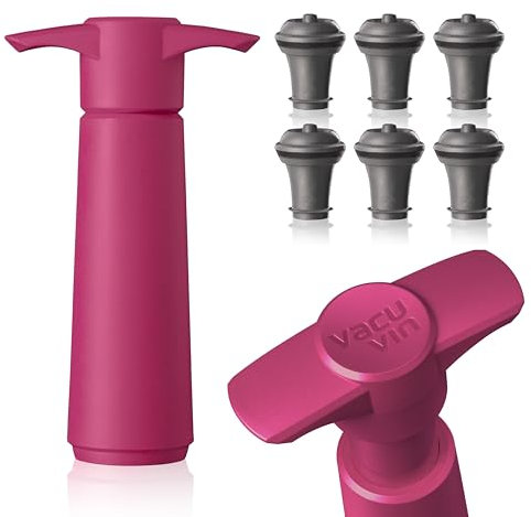 Vacu Vin Wine Saver Pump Pink with Vacuum Wine Stopper - Keep Your Wine Fresh for up to 10 Days - 1 Pump 6 Stoppers - Reusable - Made in the Netherlands