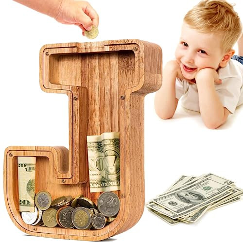 SummiDate Wooden Letter Money Box for Kids, Personalised Piggy Bank for Boys Girls Toddler, Alphabet J Money Banks| Coin Bank Birthday Gift for Kids|Children's Gift(Initial-J)