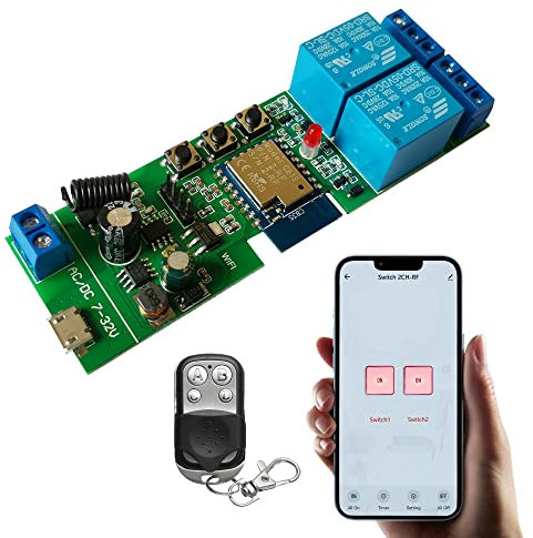 Jane Eyre Modulo Relè Wireless WiFi Interruttore Remoto a 2 Canali, Relè Momentaneo/Autobloccante, Interblocco per APP Tuya/Smart Life con Telecomando RF 433MHz Compatibile con Alexa e Google Home