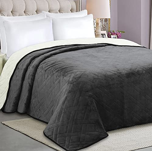 HaraDeco-Manta para Cama 135/140 de Borrego Sherpa, Acolchado Relleno Ligera, Manta Franela Termosellado Reversible Elegante para Regalo, Invierno, Entretiempo(Gris Oscuro, 220x240cm)