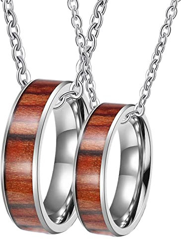 Beydodo Partnerkette für Sie und Ihn, Halskette Edelstahl 60CM mit 6MM mit Holz Ring Anhänger Kette Personalisiert