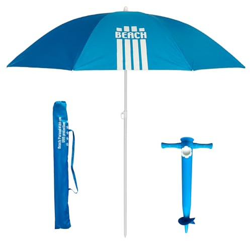 Pincho Sombrilla playa 180 cm resistente al viento con soporte de anclaje, proteccion UV50+, tubo acero 22 mm, bolsa transporte, varillas inoxidables, ligera, jardin