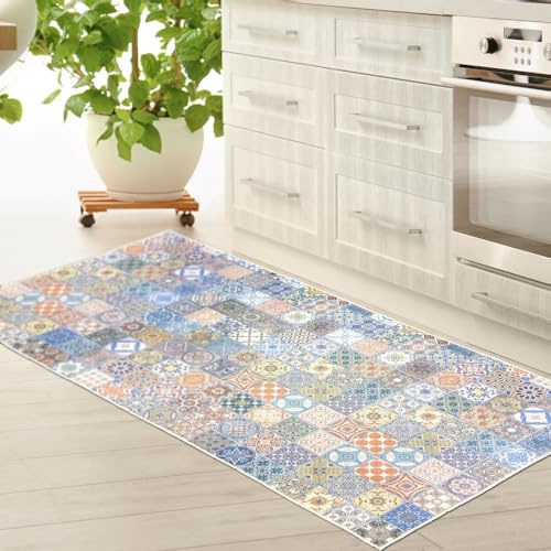 Teppich-Traum Küchenläufer Küchenteppich Fliesenmuster Bunt 80x200 cm | Pflegeleicht, strapazierfähig, rutschfest, allergikerfreundlich, flach gewebt, bunte Optik für Küche, Flur und Essbereich