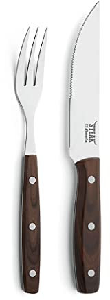 Amefa PORTERHOUSE Juego de cubiertos para bistec de 4 piezas | 2 asadores, 2 asadores | Kunstststoffgriffe en Holzoptik | Wellenschliff Messer | Pulido de alto brillo de acero inoxidable 13/0 | Con