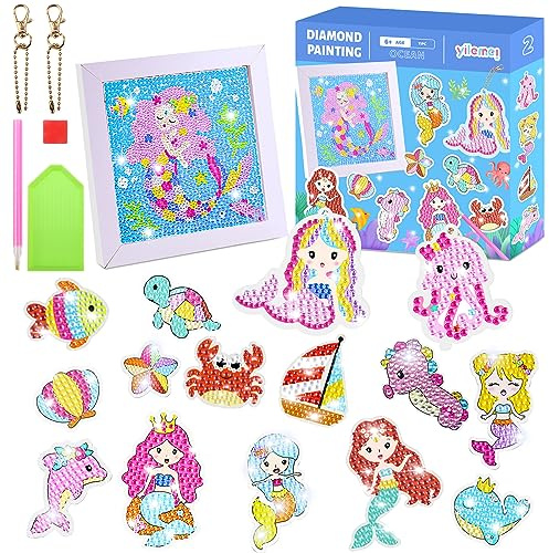 Maomaoyu DIY 5D Diamond Painting Enfant, Diamant Painting Enfant avec Cadre Photo, 25 PCS Autocollants & 2 Diamond Painting Porte-clés, Peinture Diamant comme Cadeaux & Jouet pour fille, Sirène