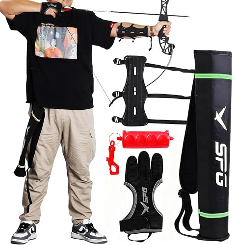 FENJANER 4Pcs Archery Accessories Set - Leather Archery Arm Guard | 3-Finger Archery Gloves | Back Arrow Quiver | Arrow Puller Target Remover - Complete Archery Protective Gear Bundle