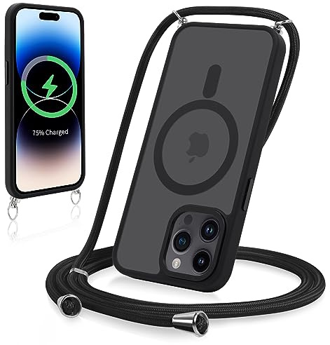 Yoedge Magnetische Handyband für iPhone 13 Pro Max 6,7 Hülle mit Band,Handyhülle Kompatibel mit MagSafe,Matt Transluzente PC + TPU Stoßfest Schutzhülle mit Abnehmbar Kordel zum Umhängen Case,Schwarz