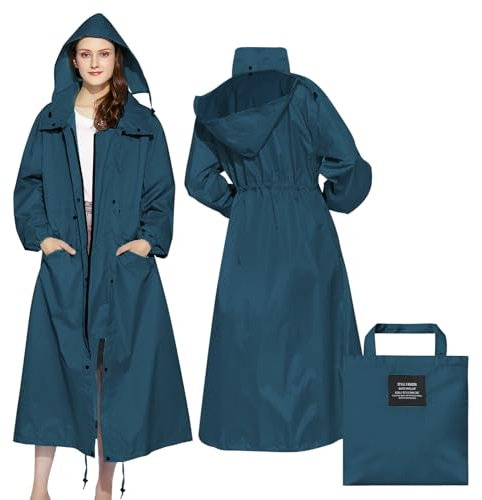 LAMA Stilvolle Regenmantel Lange Regenjacke Unisex Regenponcho Regenbekleidung mit wasserdichte Pattentasche Kapuze Tunnelzug Erwachsene Regencape Raincoat Regenschutzbekleidung Damen, Meeresblau L