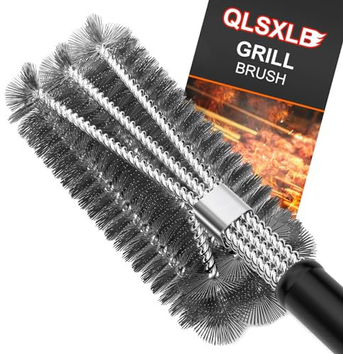 QLSXLB Spazzola Barbecue, Spazzola per Griglia con Isolamento Termico Manico Lungo, 3 Righe Setole In Acciaio Inossidabile, bbq Accessori per Pulire Griglie, Forno da esterno, Teglie da Forno