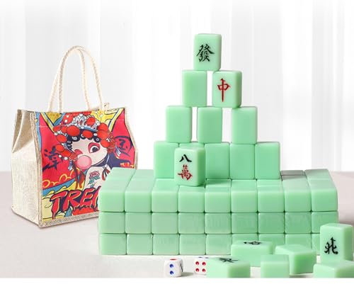 LIANGY Chinesisches Mahjong-Set, mittelgroße Mahjong-Fliesen * 144, massives Melamin, mit Oxford-Stoff-Aufbewahrungstasche im Peking-Opern-Stil + Tischdecke, 30 * 22 * ​​17 mm,Green