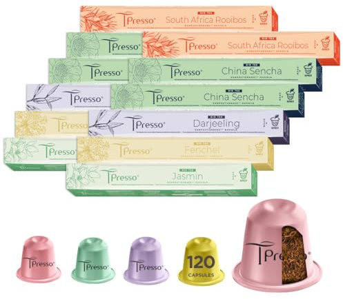 Tpresso® Lot de 120 capsules de thé bio de qualité supérieure, compatibles avec les machines à capsules Nespresso®³, compostables industriellement, fenouil, Earl Grey, Jasmin, Rooibos, English