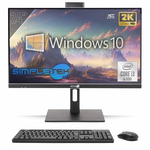 SIMPLETEK - All in One PC 24 2K 75Hz Core i3 | Windows 10 Pro 8GB RAM - SSD 240GB | Computer Tutto in Uno Attacco VESA Webcam Built-in Stand Regolabile