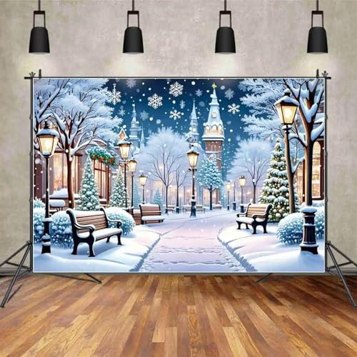 Kulisse Weihnachtsdorf Stadt Schnee Straße Neuheiten Hintergrund Schnee Kiefer Straßenlaterne Bank Fotografie Requisiten