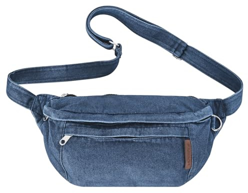 Extolove Denim-Bauchtasche, große Brusttasche, Jeans-Geldbörse für Damen, Denim-Geldbörse, Crossbody-Tasche mit verstellbarem Riemen, Dunkelblau, Large