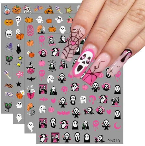 JMEOWIO 3D Nagelsticker Halloween Nail Art Sticker Selbstklebend Nagelaufkleber 5D Stereoskopisch Dekoration Nageldesign Zubehör 4 Blatt