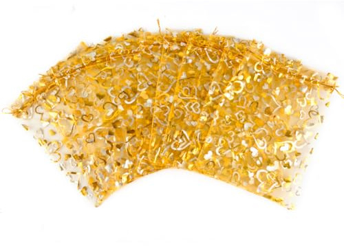 CLTPY 100 PCS Organzasäckchen17x23cm Gold Herz Muster, Organzabeutel Schmuckbeutel Geschenksäckchen Kordelzug Duftsäckchen Organza Säckchen für Hochzeit Weihnachten Gastgeschenke Süßigkeiten