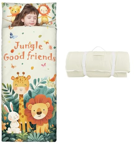 Nap Mat Caldo per Bambini con Rimovibile Cuscino, Grande Sacco a Pelo Pieghevole per Ragazze Ragazzi, Nap Mats con Doppia Cerniera per Campeggio, Scuola Materna e Asilo, 150×60cm Animale Carino