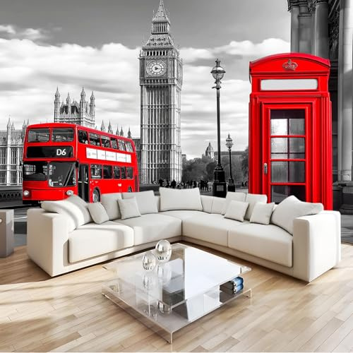 Fotomurales 250 x 175 cm Papel Pintado Tejido No Tejido Murales Decoración Londres Autobús Big Ben Cabina Telefónica Moderna Fondo De Pantalla Murales En Blanco Y Negro Sala Cuarto Oficina Decoración