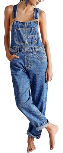 Fiacafyo Women Casual Wide Leg Denim Dungaree Jumpsuit Loose Fit Jean Denim Bib Jumpsuit High Waist Jean Pants Jumpsuits with Pockets (A-Blue, M)