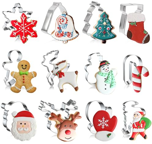 AYNKH 12Pcs Ensemble d'emporte-pièces pour biscuits de Noël, en acier inoxydable pour la pâtisserie, Père Noël, arbre de Noël, garçon en pain d'épices, renne du Père Noël pour les biscuits de fête DIY