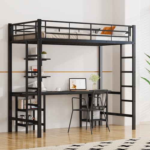 Gegtuon Etagenbett Bett 90x200 cm, Metallbett Kinderbett mit Stauraum Regal und Tisch, Hochbett mit Bettgestell aus Metall und Leiter, Hausbett mit Lattenrost & Rausfallschutz, ohne Matratze, Schwarz