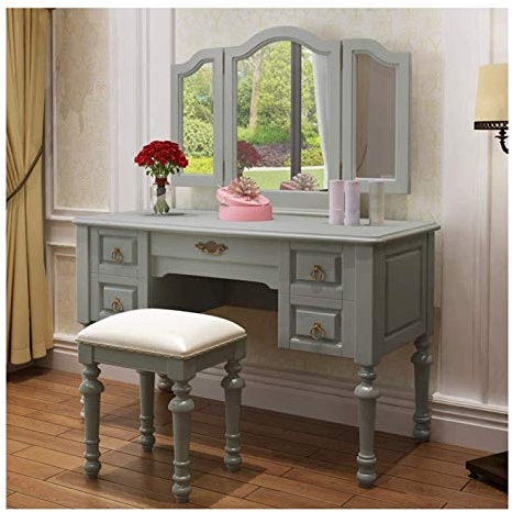 Lussuoso set da toeletta in stile vintage blu con cassetti ovali a specchio e sgabello imbottito, 2/3 pezzi, mobili per camera da letto, tavolo da trucco, 110 x 55 x 75 cm