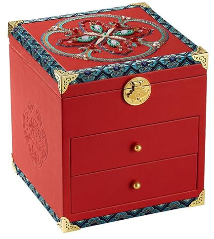 Vee Chinesische Schmuckkästchen, Hochzeits-Schmuckaufbewahrung mit Perlenstickerei, PU Schmuckkasten für Armbänder/Goldschmuck/Halsketten, Geschenkidee
