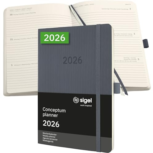 SIGEL C2636 Wochenplaner Wochenkalender 2026, ca. A5, dunkelgrau, Softcover, 192 Seiten, Gummiband, Stiftschlaufe, Archivtasche, aus nachhaltigem Papier, Kalenderbuch Conceptum