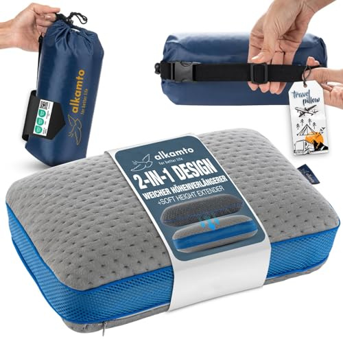 alkamto Reisekissen + Extra Reise-Nackenkissen – Campingkissen – Ergonomisches Memory-Schaum-Kissen mit Temperaturregulierendem Bezug – Inklusive Reisetasche