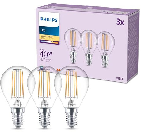 Philips LED Classic Lampadina Sferetta, equivalente a 40 W, trasparente, attacco E14, Luce Bianca Calda 2700K, confezione da 3