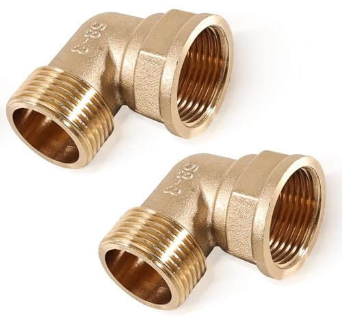 2 Stück Messing Winkel 90°, 1 IG/AG, Messing Bogen (IG Ø30,5mm x AG Ø32,5mm), Rohrwinkel Bogen 1/2 Zoll IG x AG, Gewindefitting für Trinkwasser Geeignet und Wasserschlauch