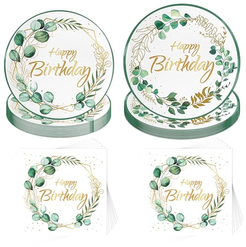 Eukalyptus Grün Partygeschirr Set,40 Stück Eukalyptusblatt Partyteller,Geburtstagsdeko Partygeschirr Set,Green Gold Baby Shower Pappteller,Geburtstag und Kindergeburtstag Geschirr