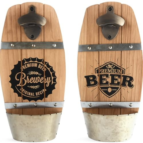 Bar Bottle Opener - Wall Mounted Wooden Bottle Opener with Cap Catcher, Beer Keg Shape Home Bar Accessories Random Design