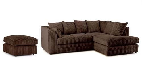 L Shaped Settee - Corner Scatter Back Sofas - Elegant 4 Seater Sofa Set - Comfy Jumbo Cord Sofa with Foot Stool included for Living Room Lounge Indoors Decor (Brown, Right Hand)