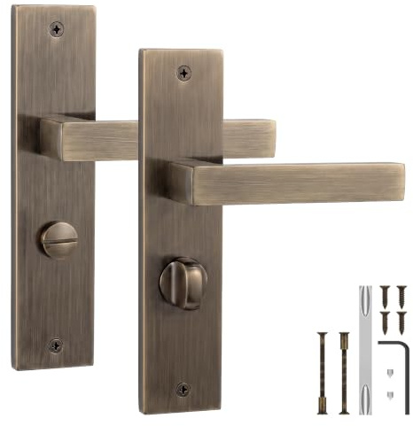 Decoranddecor Lumina Antique Brass Bathroom Door Handles with Thumb Turn | Antique brass bathroom door handle set, thumb turn privacy backplate lever for interior WC and toilet doors, no lock