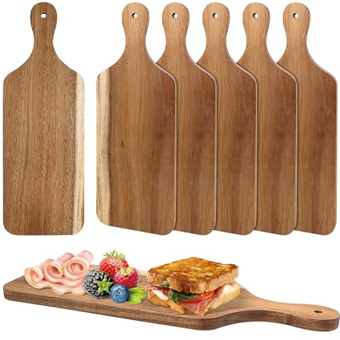 6 Pcs Acacia Wood Chopping Boards, 45x15 cm Charcuterie Boards with Handles | Wooden Cutting Serving Trays for Cheese, Meat, Bread, Vegetables, Parties, Restaurants and Personalised Gifts