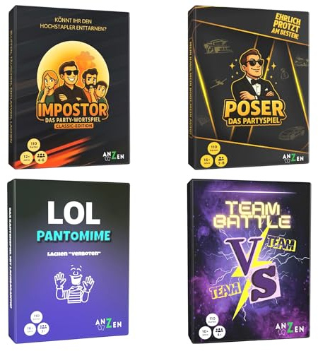 ANZEN - Party-Spielesammlung mit 4 Kartenspielen: Impostor - Das Party-Wortspiel - Classic Edition; Poser - Das Partyspiel - Angeben-Bluffen-Lügen; TEAMBATTLE - Das Gruppen-Partyspiel; LOL Pantomime