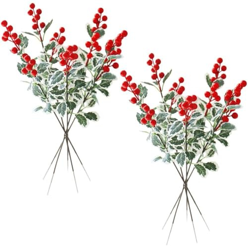 Casiler 10 Pezzi di Bacche Rosse di Natale, Bacche di Agrifoglio Artificiali con Foglie Verdi, Decorazioni per L'Albero di Natale, Decorazioni per Feste di Capodanno