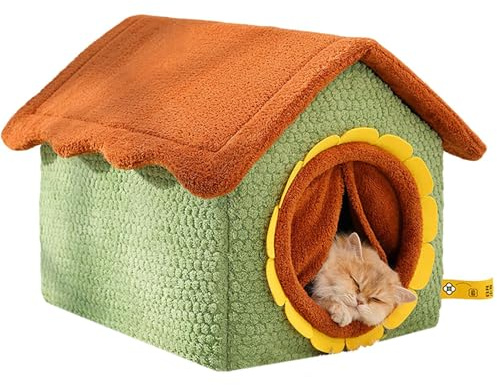 Casa para gatos – Cama lavable para gatos, refugio para mascotas, comodidad de felpa con puerta de girasol, retiro para mascotas pequeñas, siesta, descanso, relajación, tiempo de juego y descanso de