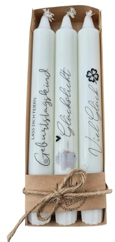 Kerzenset Geburtstag – 3 weiße Stabkerzen mit Sprüchen in Geschenkverpackung – stilvolle Tischdeko & Geschenkidee für Geburtstagsfeiern (Glückslicht)