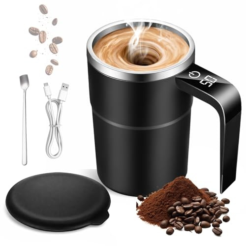 Selbstrührende Tasse 380 ml mit Magnetrührer & Temperaturanzeige, elektrischer Shaker mit Deckel & Griff, wiederaufladbarer intelligenter Mixbecher, Smart Rührbecher für Kaffee Kakao Milch Tee Schwarz