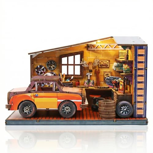 kolotesame Book Nook Kit, DIY Miniature House Kit for Adult 3D Wooden Puzzle with LED Light, Retro Garage Tiny House Bookshelf Insert Decor, Creative Wooden Building Hobby Gift for Teen & Book Lover