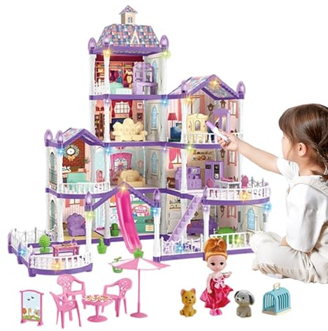 Puppenhäuser | 4 Etagen 13 Zimmer Miniatur Bausatz Villa,Mit 3 Prinzessinnen & 2 Welpen Inklusive Möbelzubehör Spielset Für Kinder | für Mädchen Alter 4-6 Jahre Indoor Rollenspiel